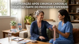 Paciente em recuperação após cirurgia cardíaca em casa, ilustrando o processo esperado de restabelecimento.