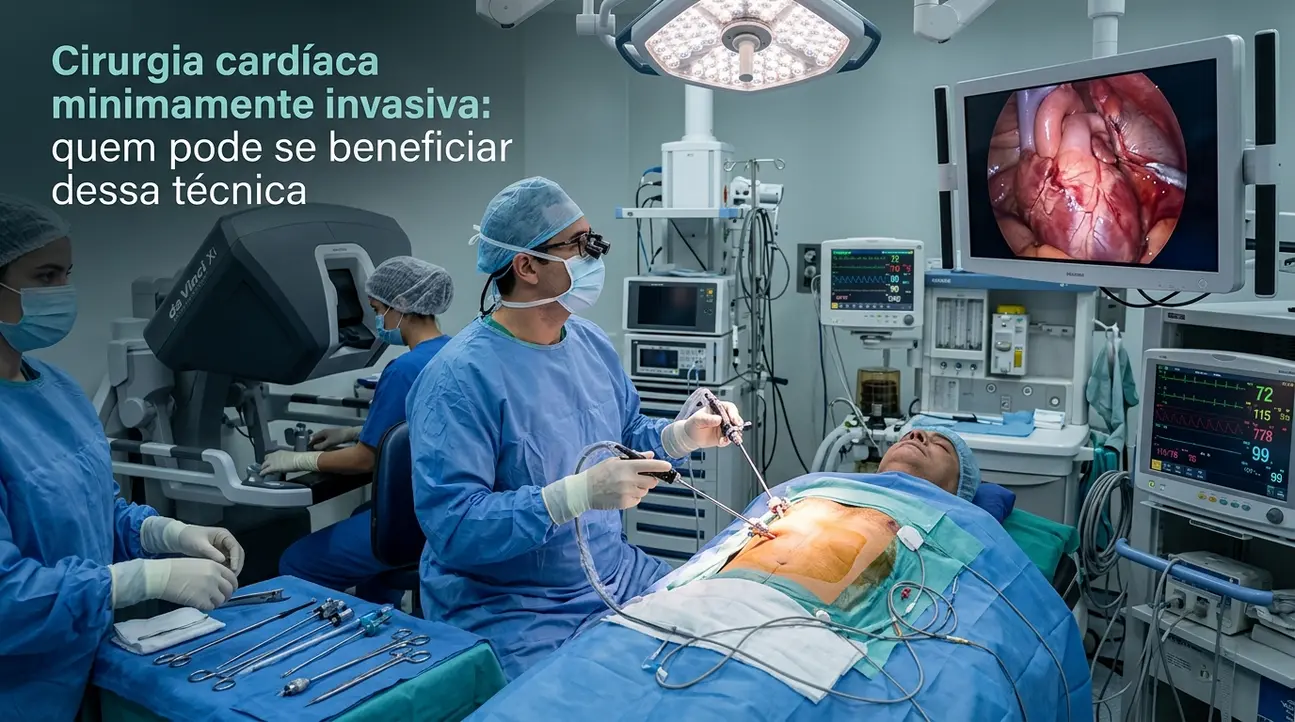 Cirurgião realizando cirurgia cardíaca minimamente invasiva com equipamentos de alta tecnologia.